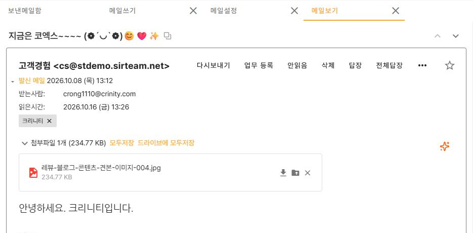 써팀 기존 발신 메일을 이용한 상세 화면 예시