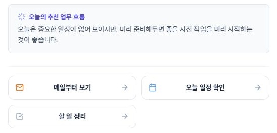 써팀 오늘의 추천 업무 흐름과 메일·일정·할일 확인 항목