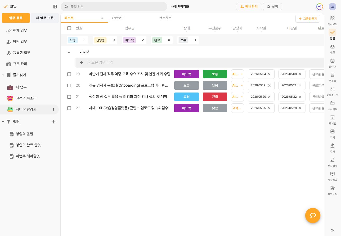 사내 역량강화 프로젝트의 업무명, 상태, 담당자, 시작일과 마감일을 보여주는 목록